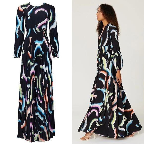 A.L.C. Leah Dress Printed Long Sleeve Smocked Waist A-Line Maxi Black Multi 0 - Picture 2 of 10